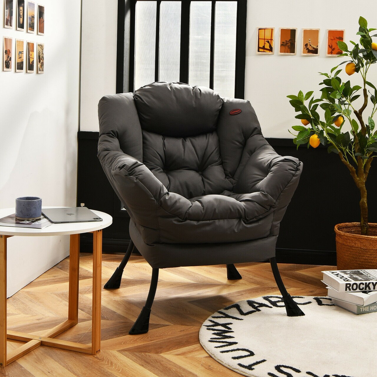 Modern Polyester Fabric Lazy Chair with Side Pocket and Tufted Design Perfect for Any Corner